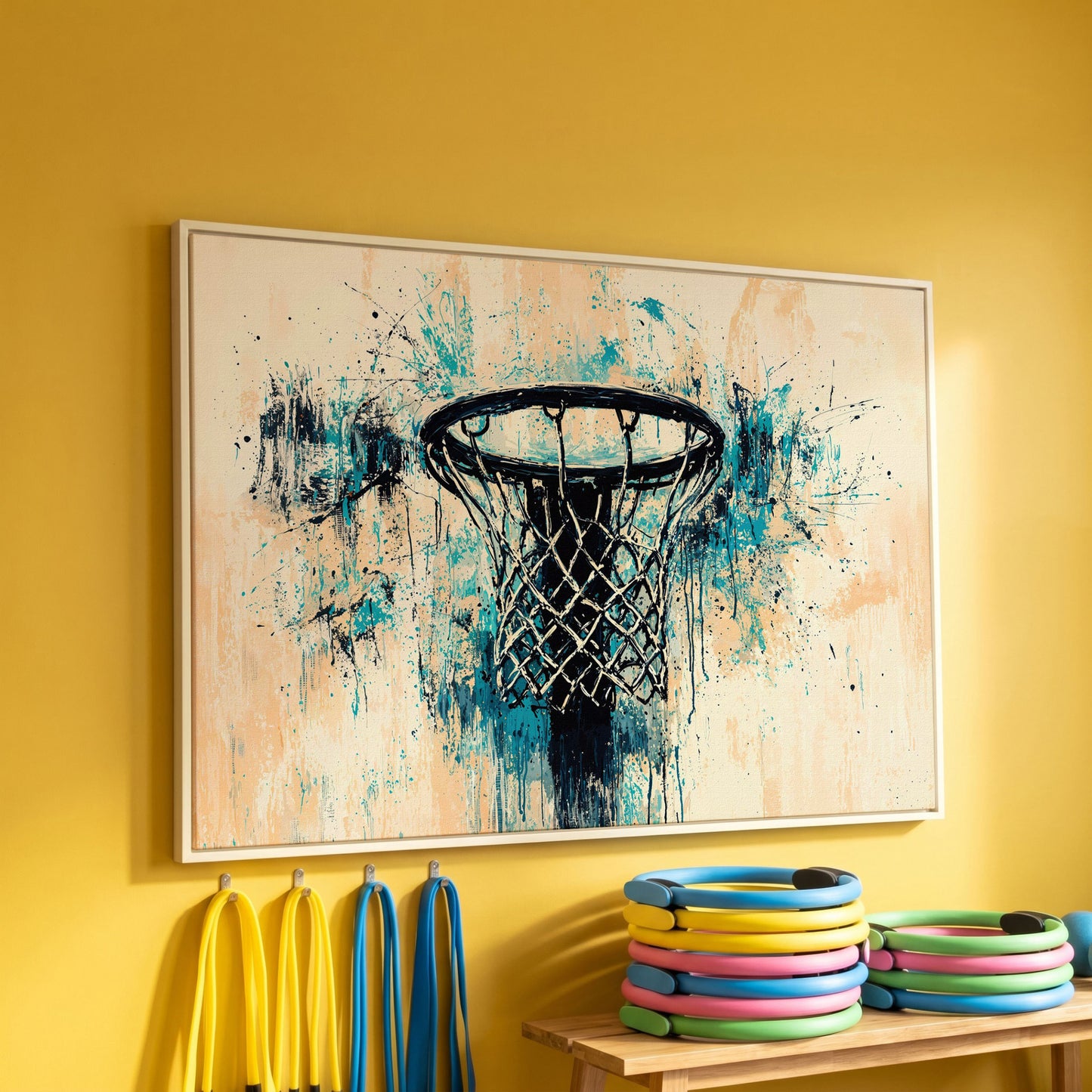 Basketball Hoop Abstract Canvas in Teal & Cream in white floating frame