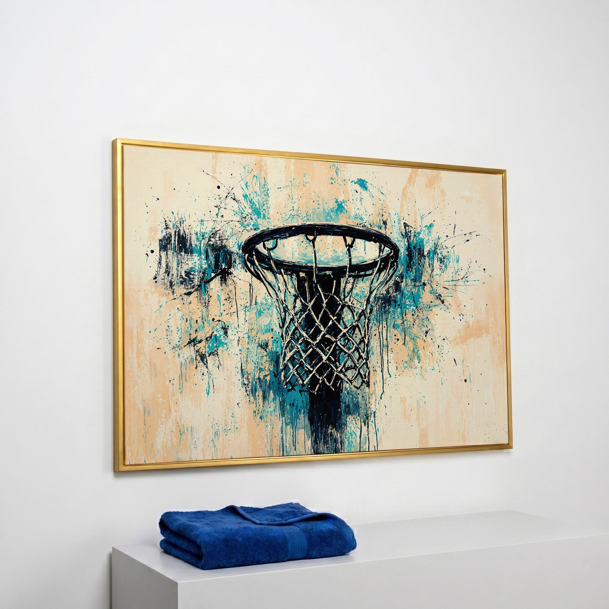 Basketball Hoop Abstract Canvas in Teal & Cream in yellow gold floating frame