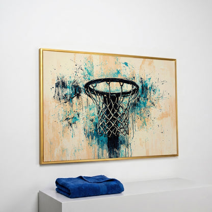 Basketball Hoop Abstract Canvas in Teal & Cream in yellow gold floating frame