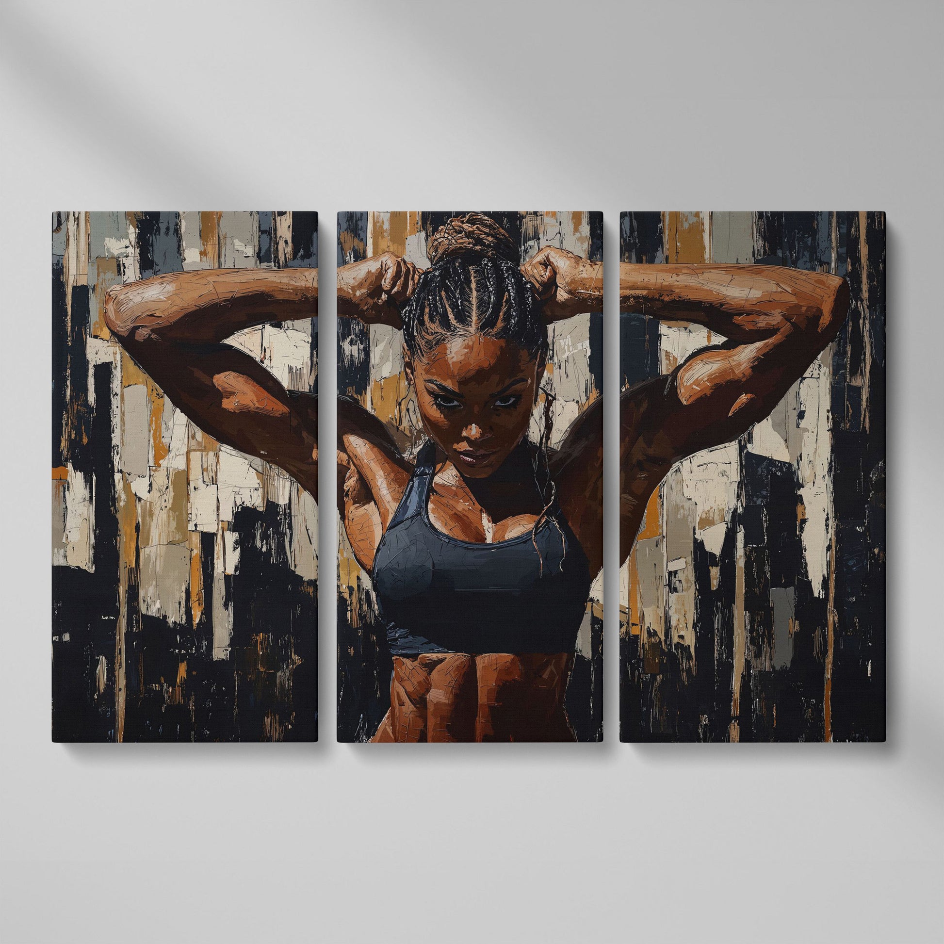 Muscular Woman Portrait Canvas. Espresso & Charcoal as 3-panel split version