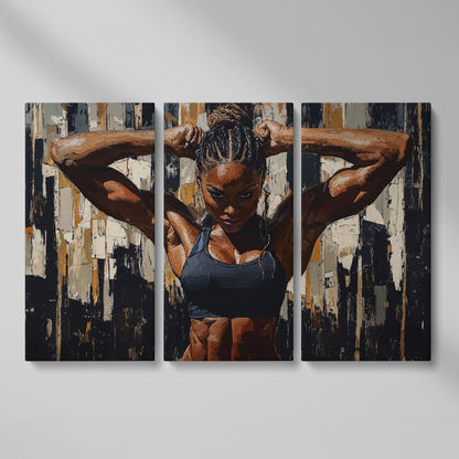 Muscular Woman Portrait Canvas. Espresso & Charcoal as 3-panel split version