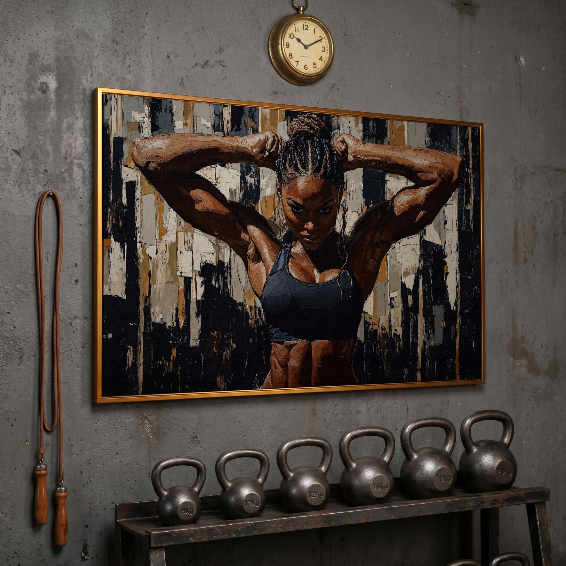 Muscular Woman Portrait Canvas. Espresso & Charcoal in antique gold floating frame