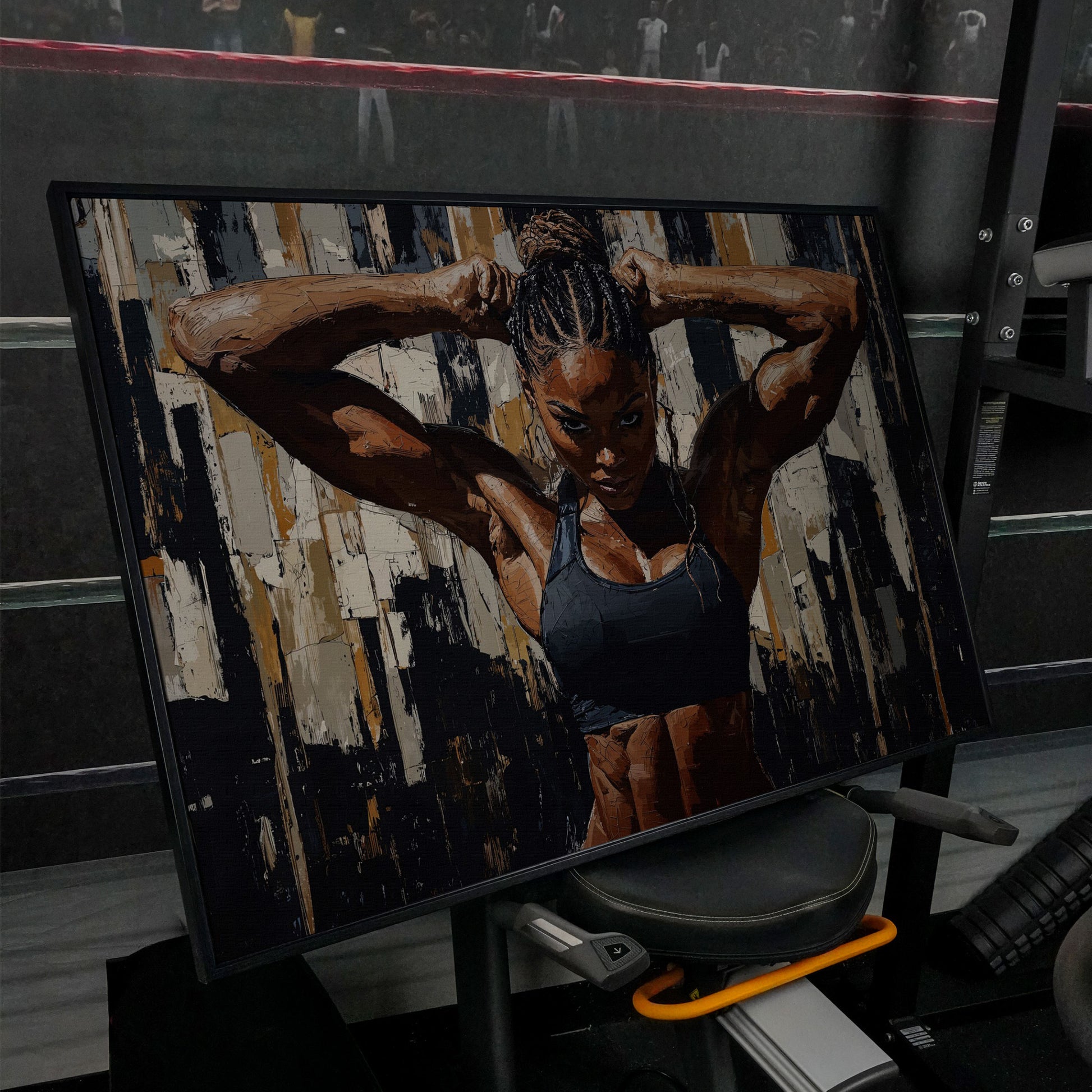 Muscular Woman Portrait Canvas. Espresso & Charcoal in black floating frame