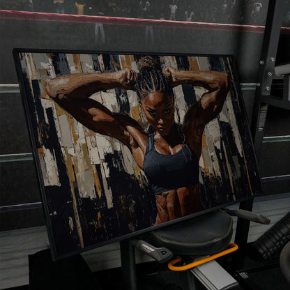 Muscular Woman Portrait Canvas. Espresso & Charcoal in black floating frame
