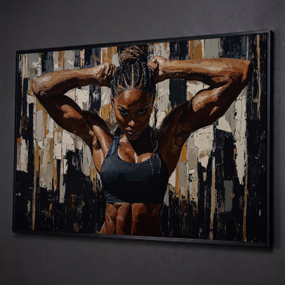 Muscular Woman Portrait Canvas. Espresso & Charcoal shown in black floating frame