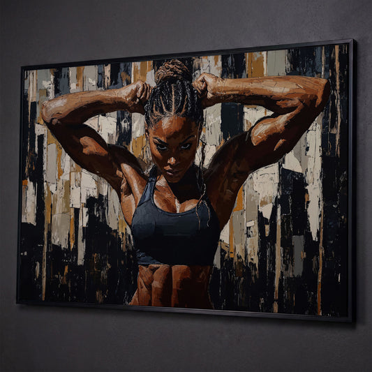 Muscular Woman Portrait Canvas. Espresso & Charcoal shown in black floating frame