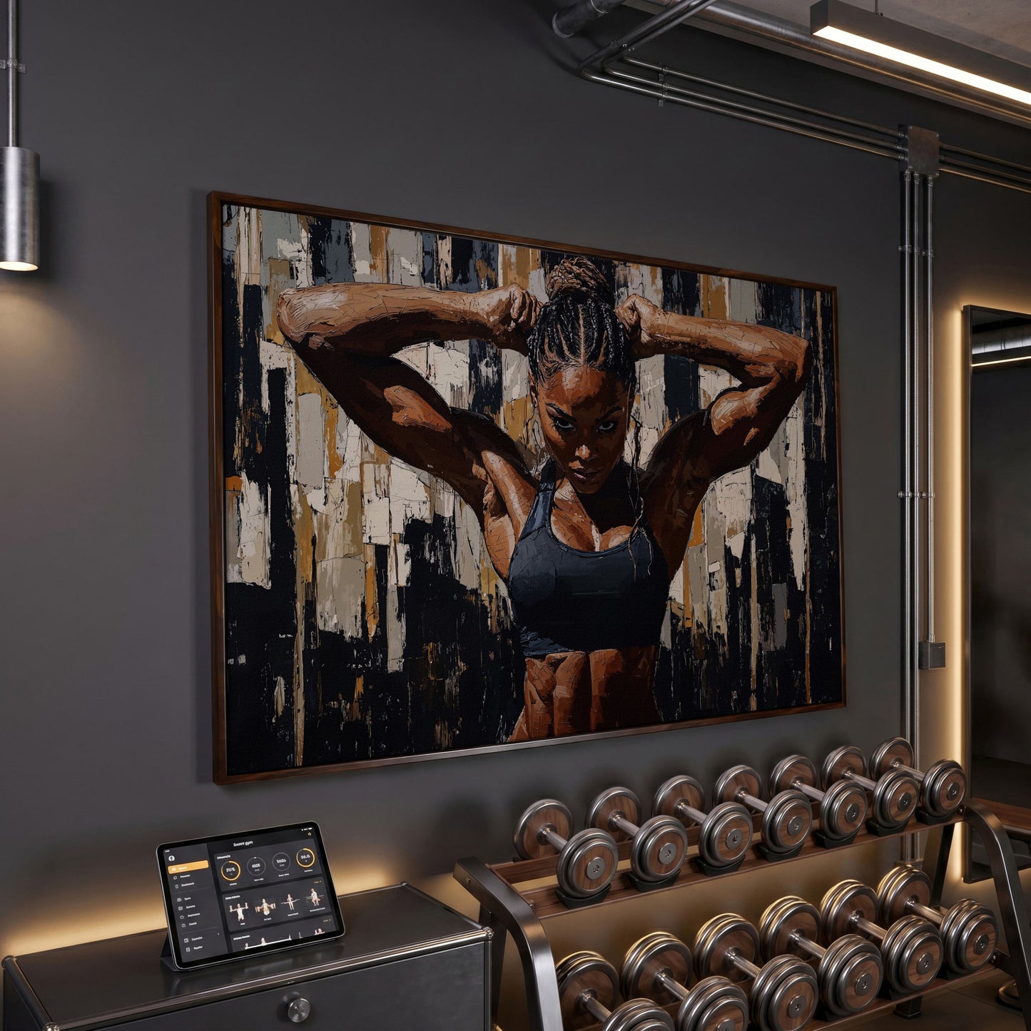 Muscular Woman Portrait Canvas. Espresso & Charcoal in dark walnut floating frame