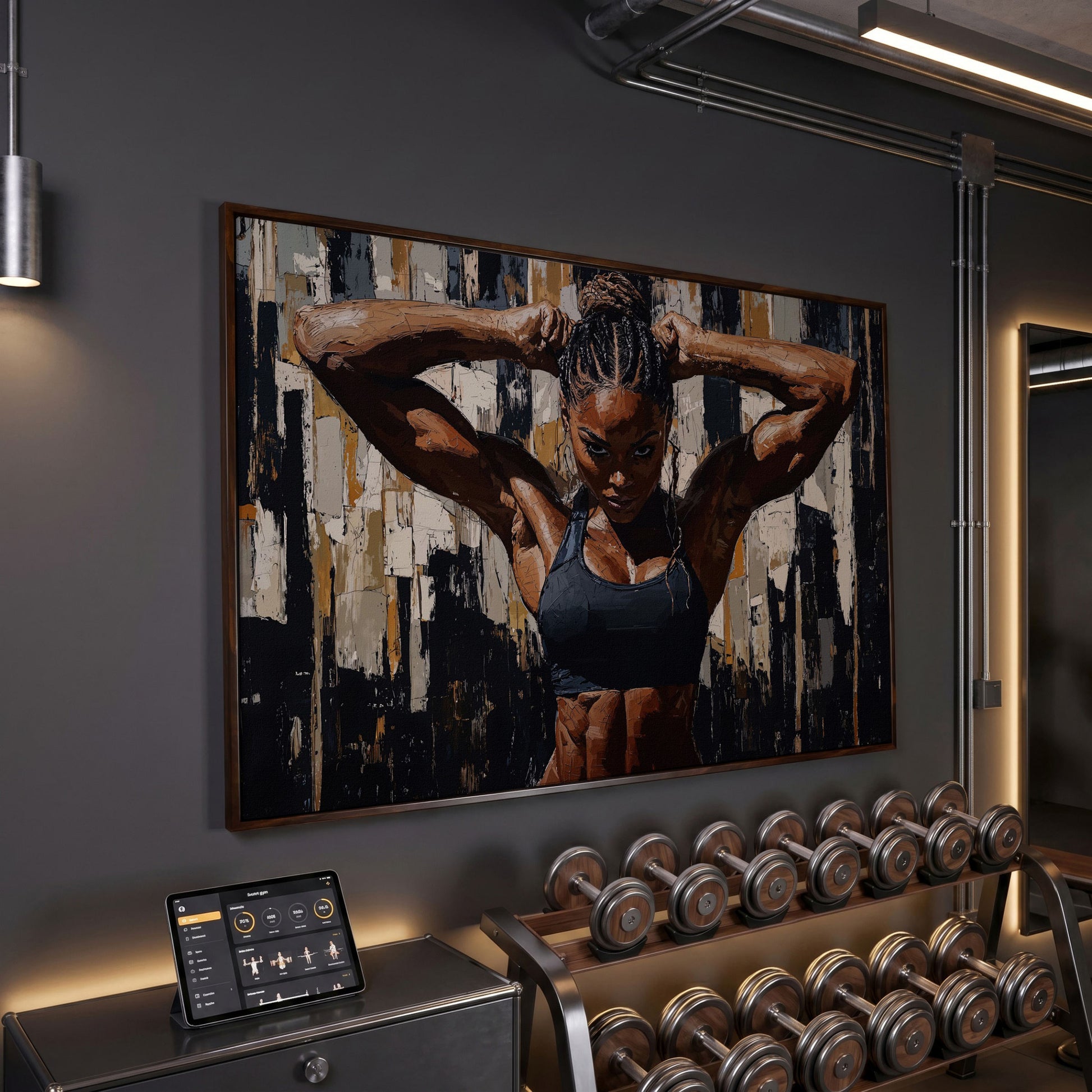 Muscular Woman Portrait Canvas. Espresso & Charcoal in dark walnut floating frame