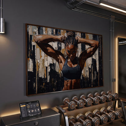 Muscular Woman Portrait Canvas. Espresso & Charcoal in dark walnut floating frame