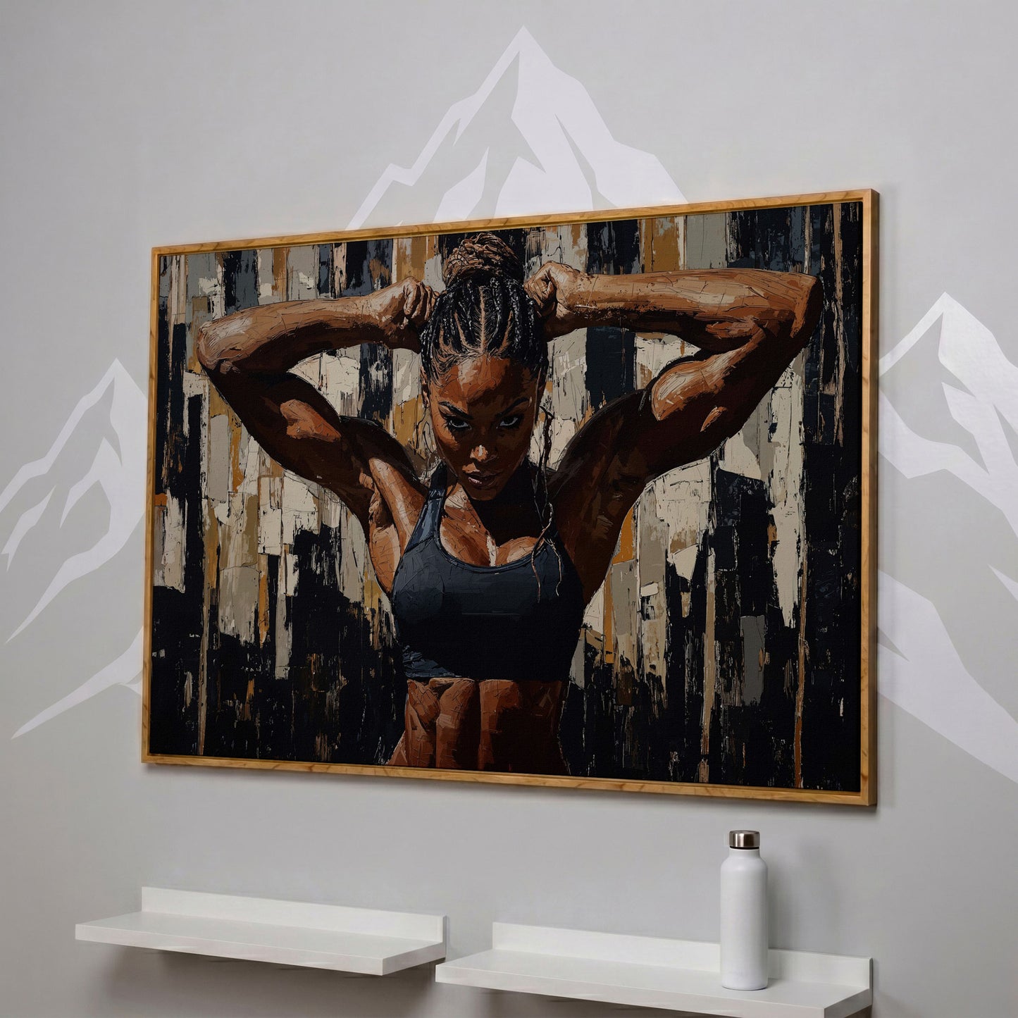 Muscular Woman Portrait Canvas. Espresso & Charcoal in white oak floating frame