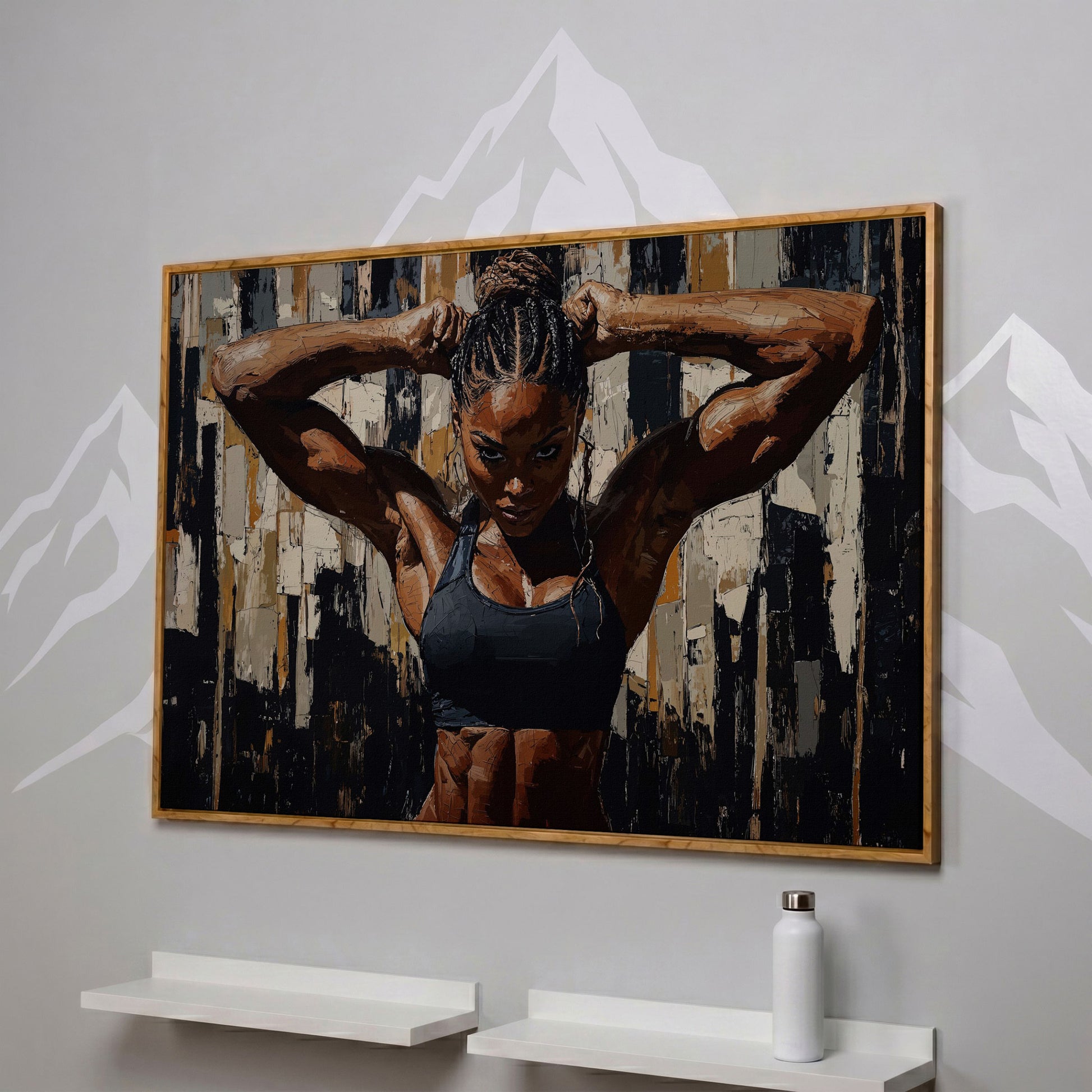 Muscular Woman Portrait Canvas. Espresso & Charcoal in white oak floating frame