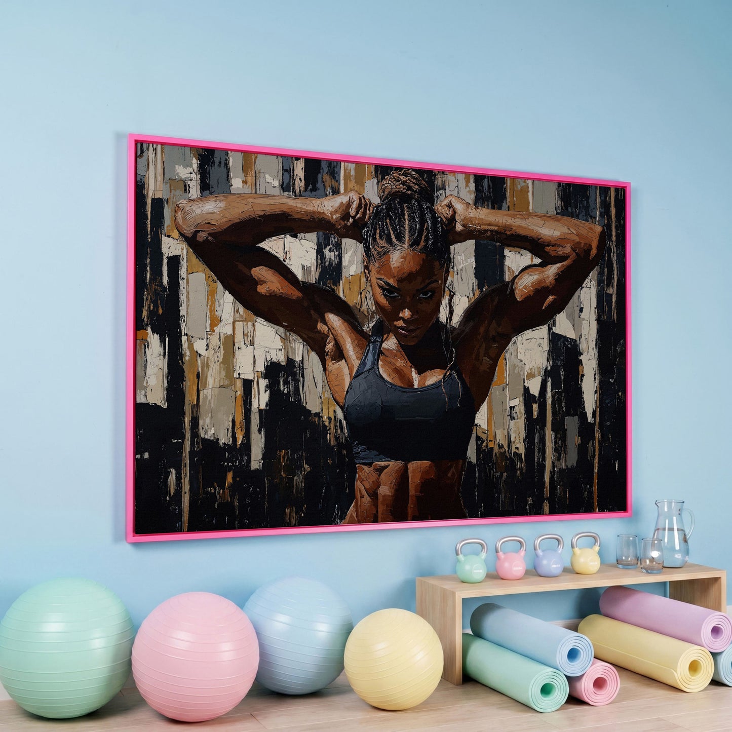 Muscular Woman Portrait Canvas. Espresso & Charcoal in pink floating frame
