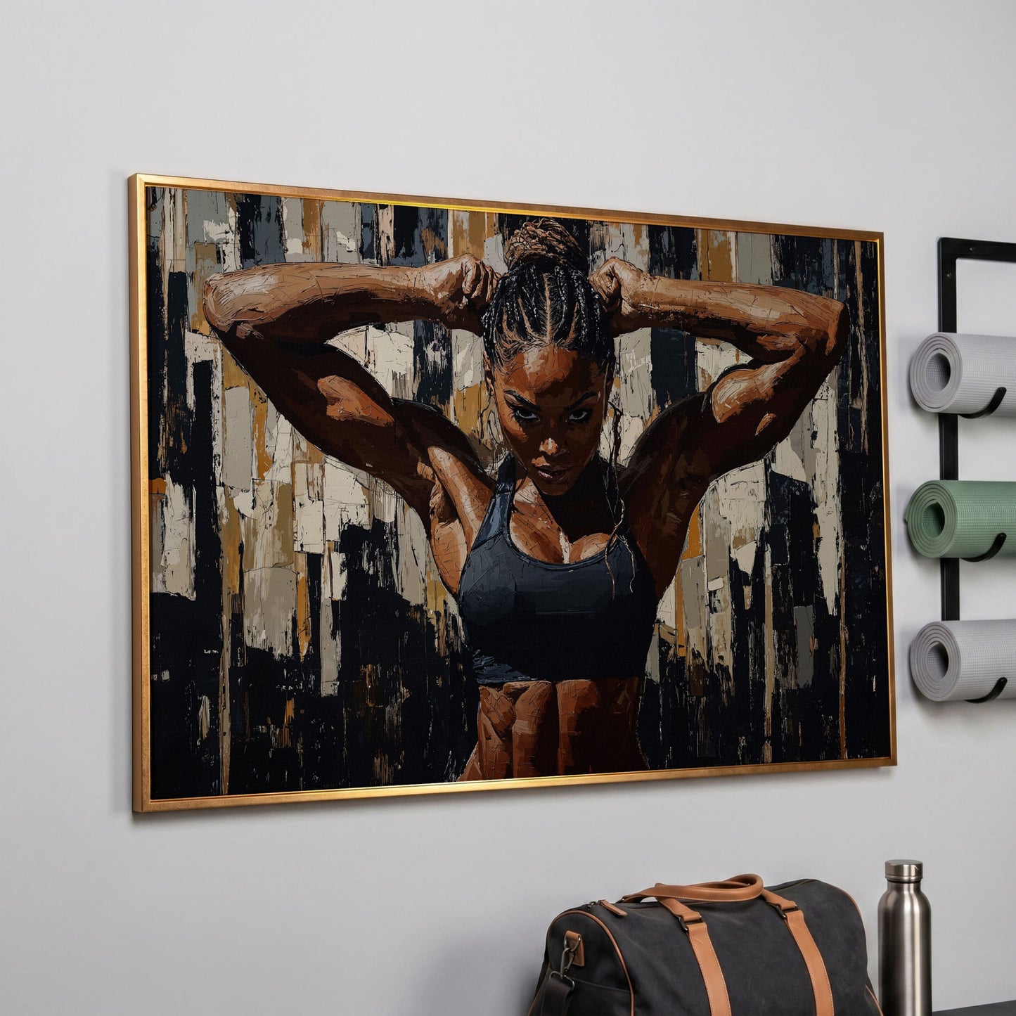 Muscular Woman Portrait Canvas. Espresso & Charcoal in rose gold floating frame