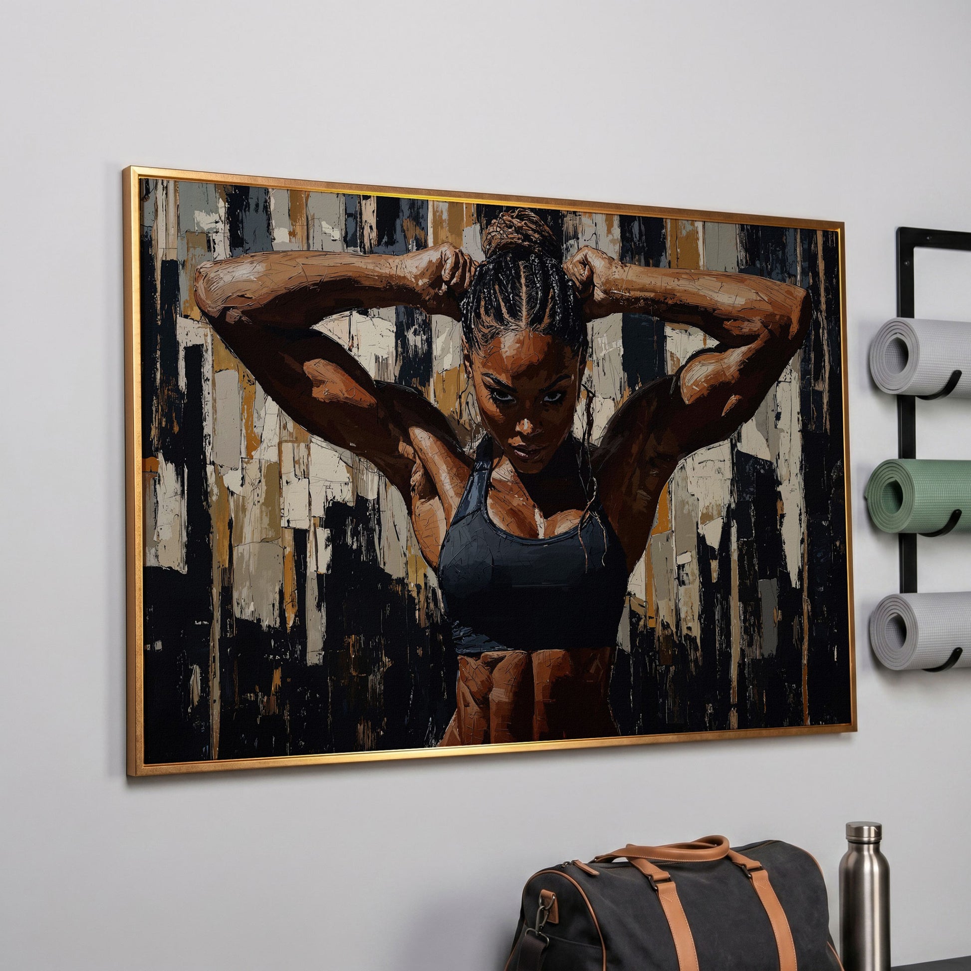 Muscular Woman Portrait Canvas. Espresso & Charcoal in rose gold floating frame