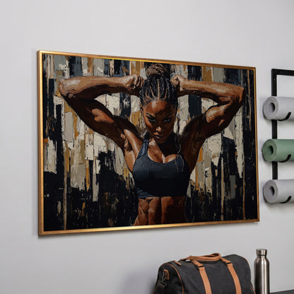 Muscular Woman Portrait Canvas. Espresso & Charcoal in rose gold floating frame