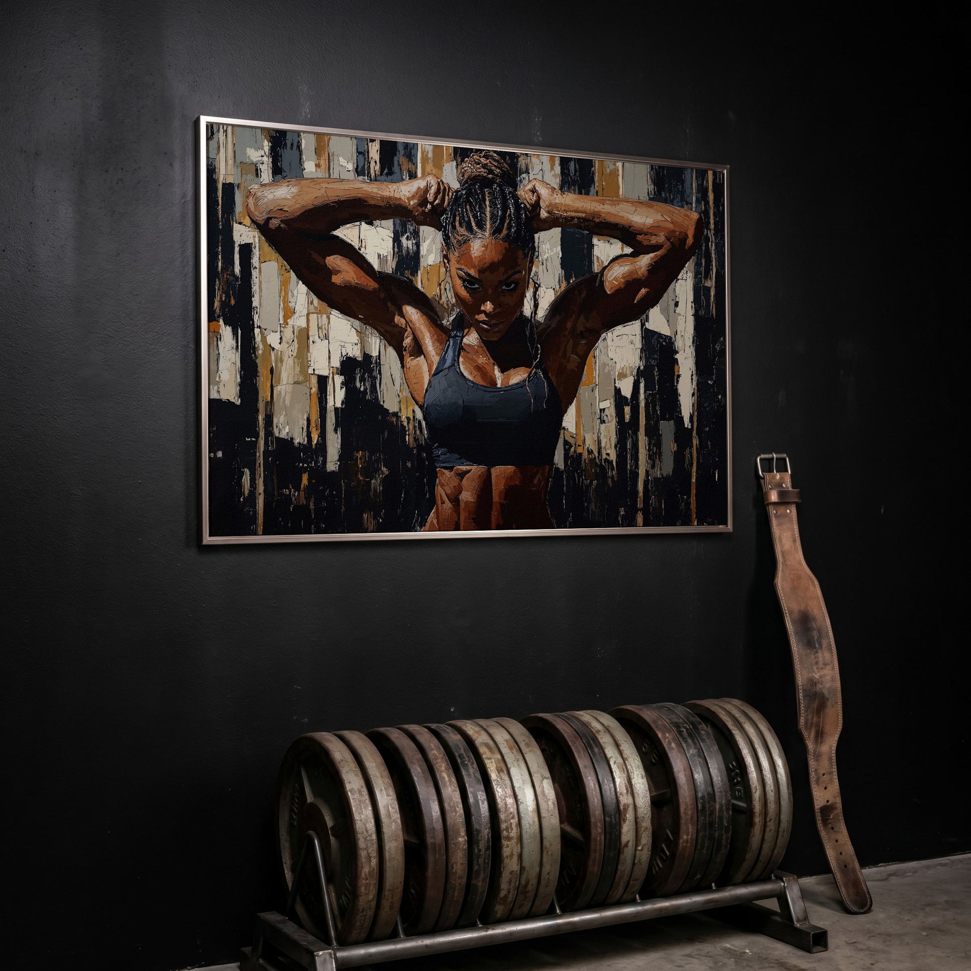 Muscular Woman Portrait Canvas. Espresso & Charcoal in silver floating frame