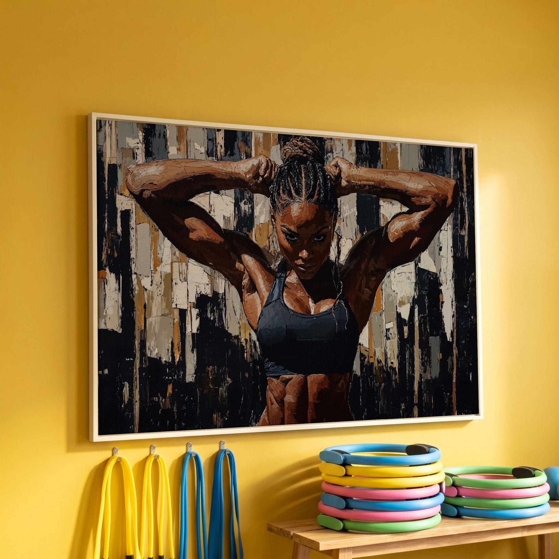 Muscular Woman Portrait Canvas. Espresso & Charcoal in white floating frame
