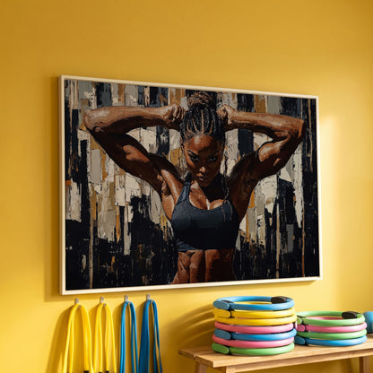 Muscular Woman Portrait Canvas. Espresso & Charcoal in white floating frame
