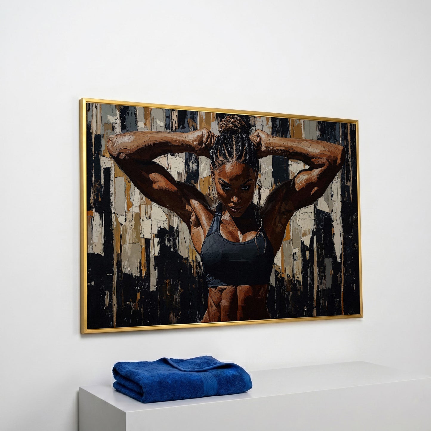 Muscular Woman Portrait Canvas. Espresso & Charcoal in yellow gold floating frame