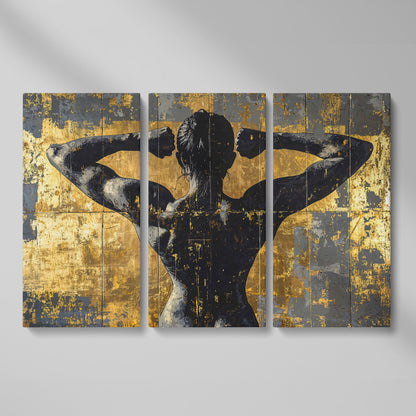 Strong Woman Back View Canvas Print with Gold Accents as 3-panel split version