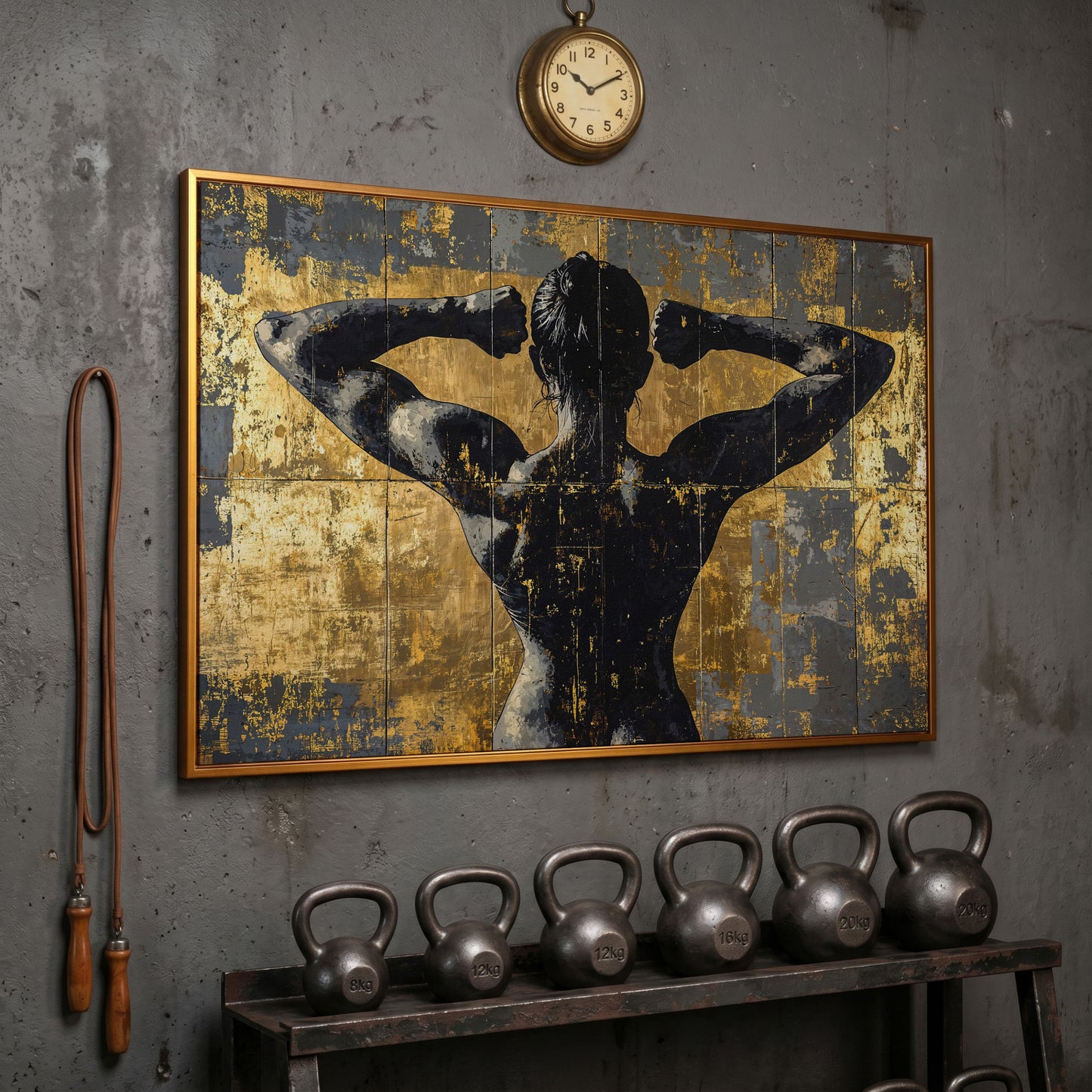 Strong Woman Back View Canvas Print with Gold Accents in antique gold floating frame