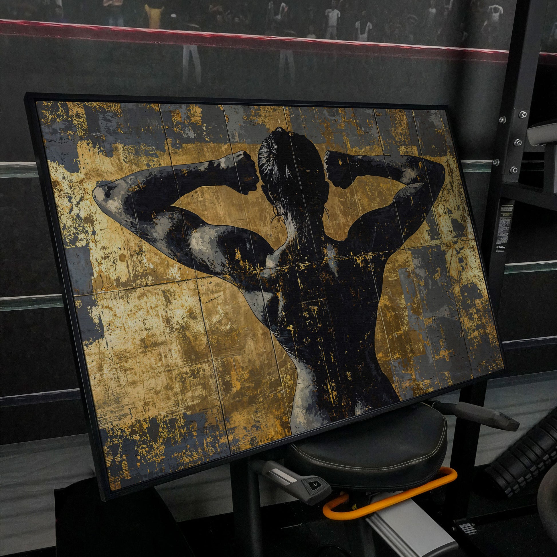Strong Woman Back View Canvas Print with Gold Accents in black floating frame