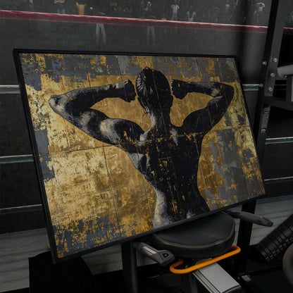 Strong Woman Back View Canvas Print with Gold Accents in black floating frame
