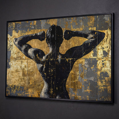 Strong Woman Back View Canvas Print with Gold Accents shown in black floating frame