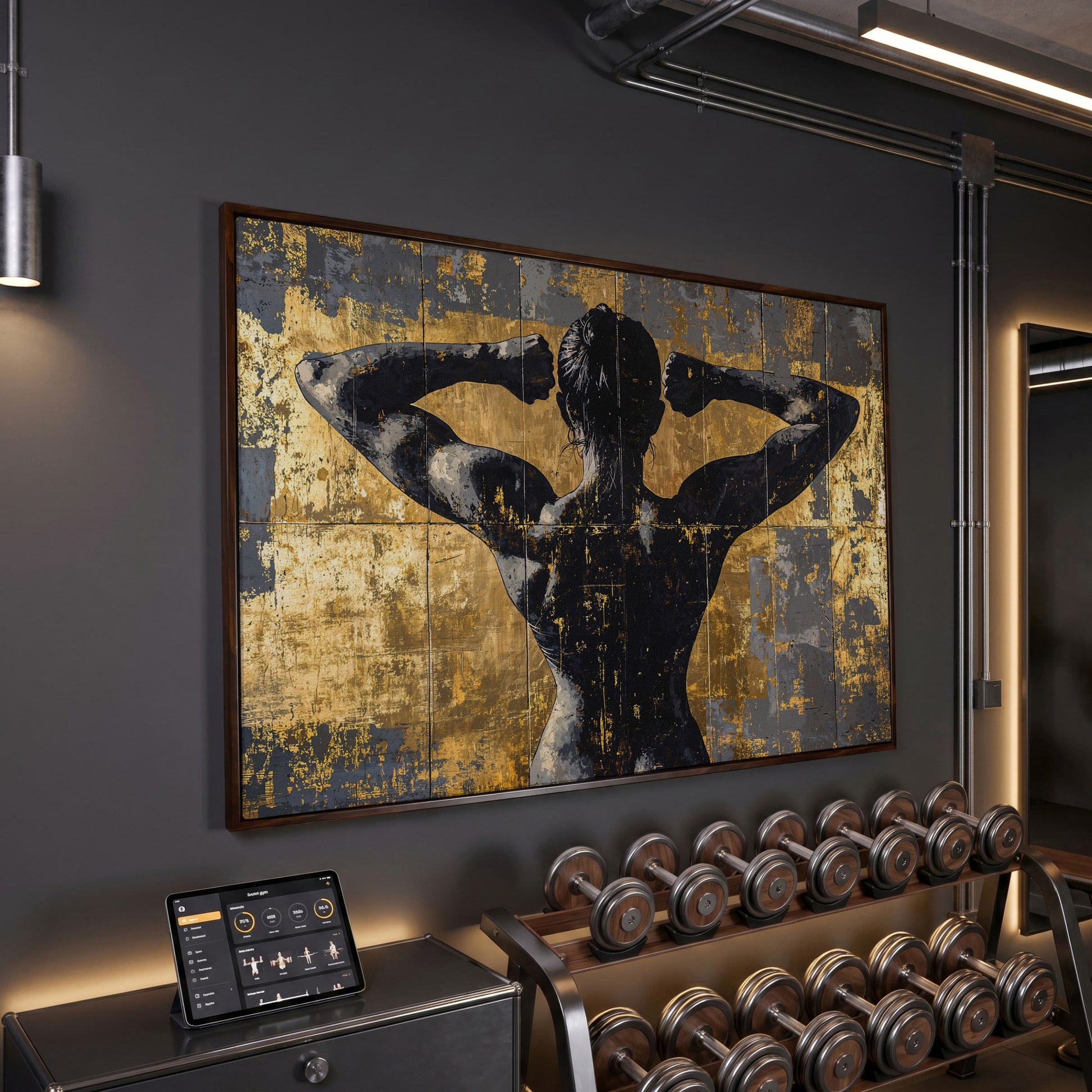 Strong Woman Back View Canvas Print with Gold Accents in dark walnut floating frame