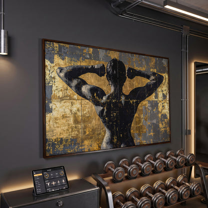 Strong Woman Back View Canvas Print with Gold Accents in dark walnut floating frame