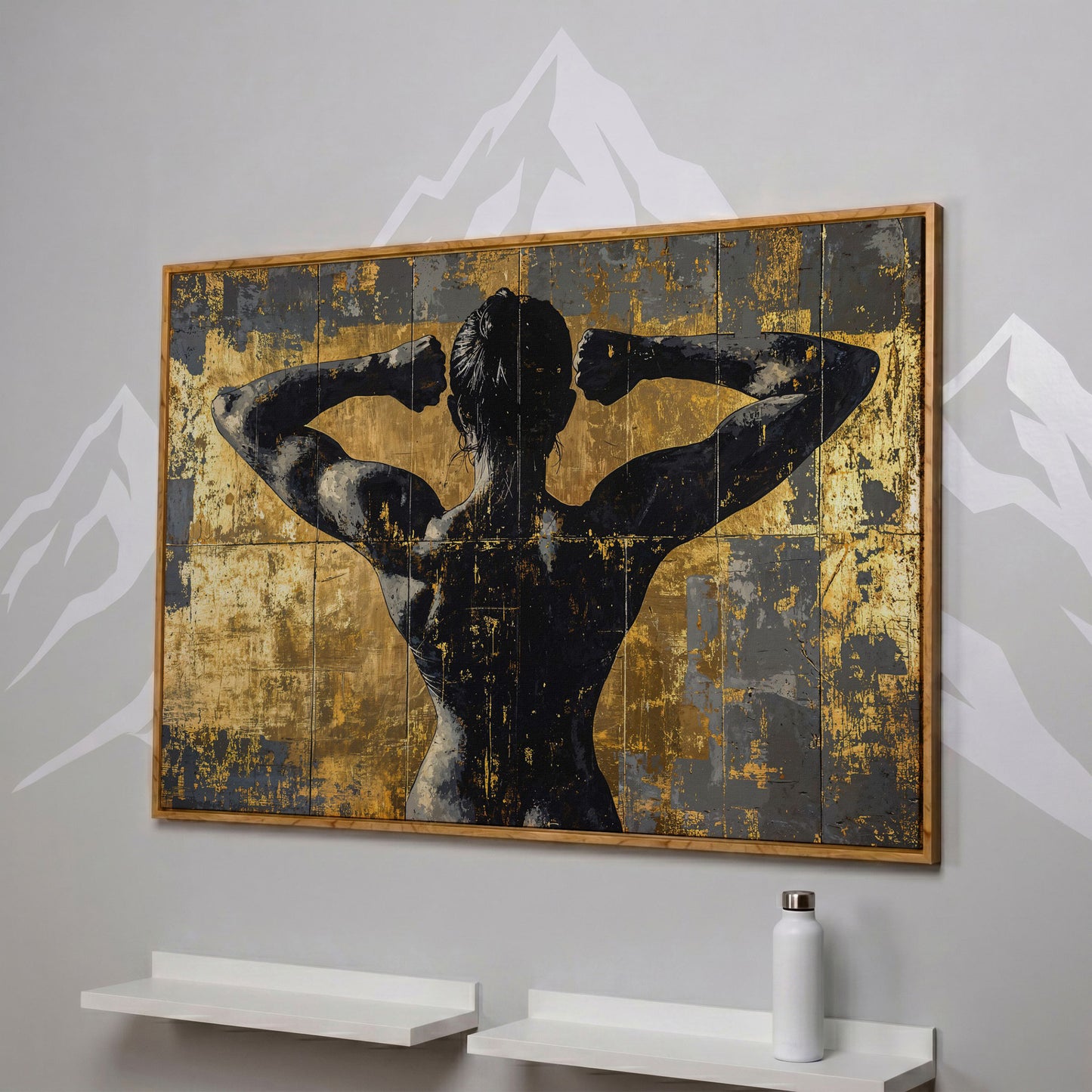Strong Woman Back View Canvas Print with Gold Accents in white oak floating frame
