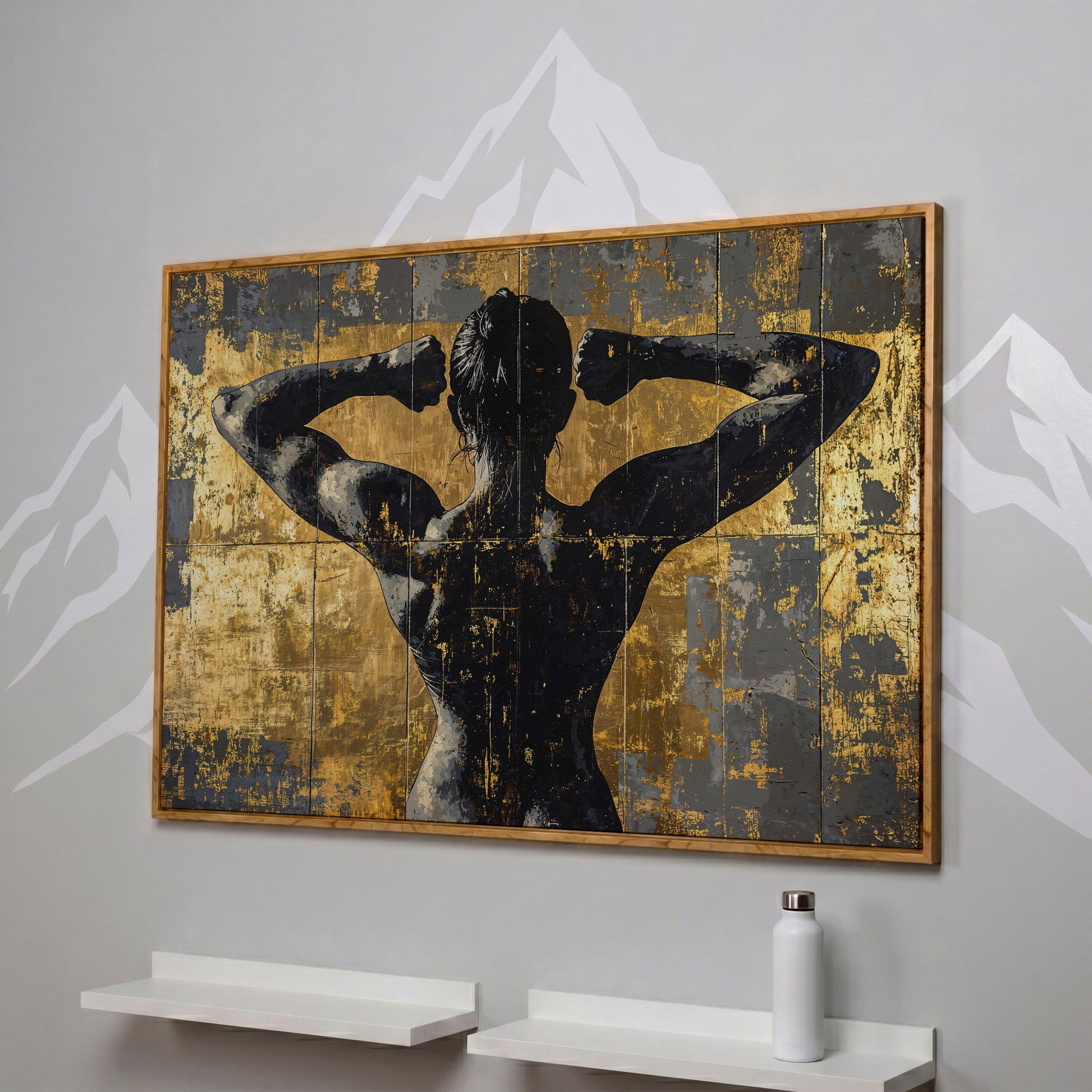 Strong Woman Back View Canvas Print with Gold Accents in white oak floating frame