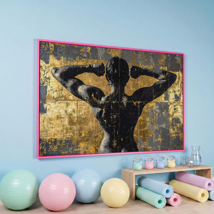Strong Woman Back View Canvas Print with Gold Accents in pink floating frame