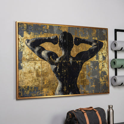 Strong Woman Back View Canvas Print with Gold Accents in rose gold floating frame