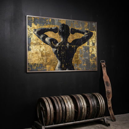 Strong Woman Back View Canvas Print with Gold Accents in silver floating frame