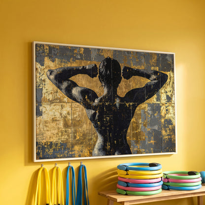 Strong Woman Back View Canvas Print with Gold Accents in white floating frame