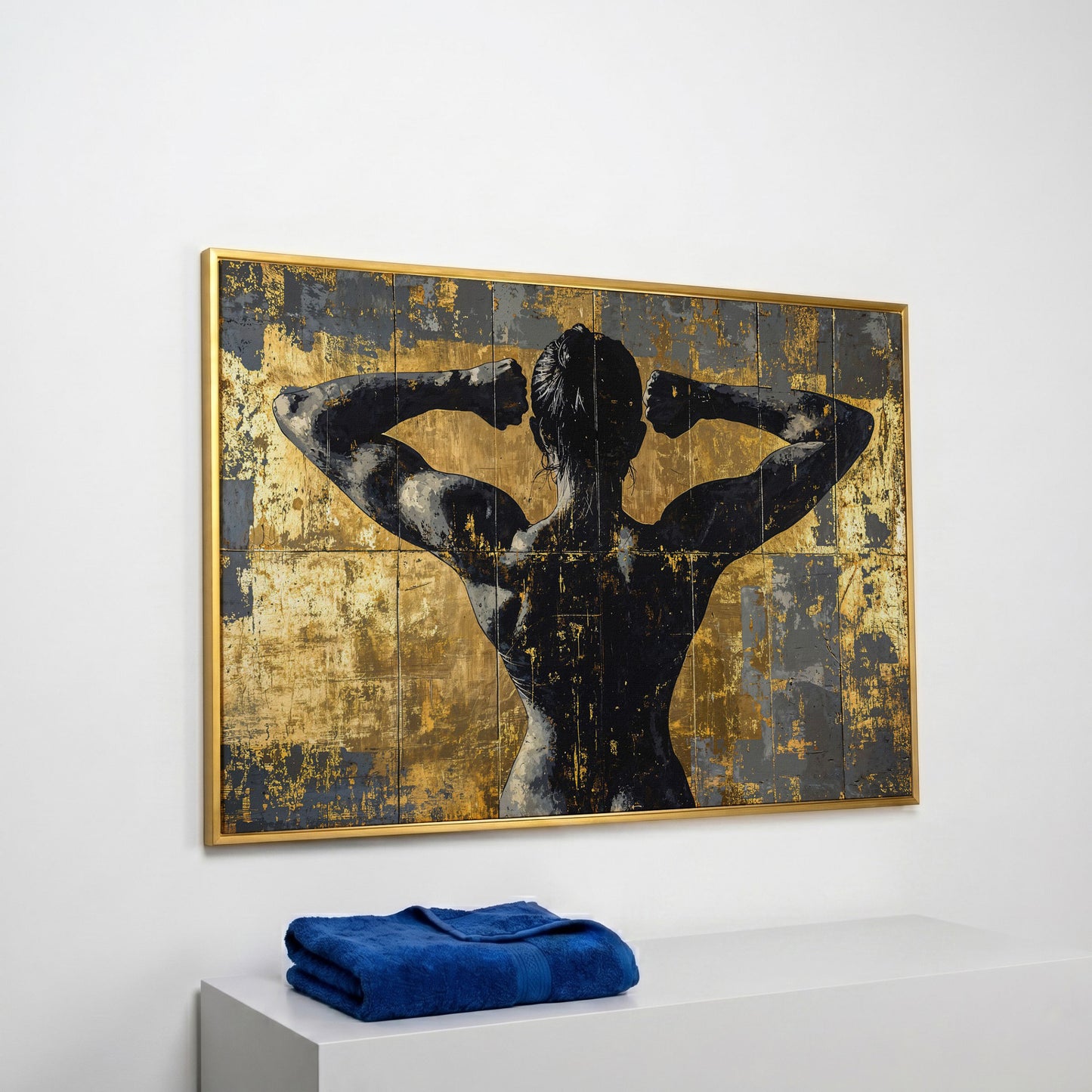 Strong Woman Back View Canvas Print with Gold Accents in yellow gold floating frame