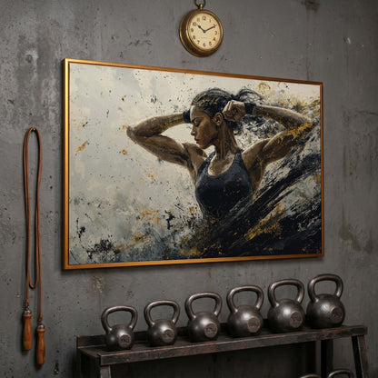 Female Athlete in Motion Canvas Wall Art in antique gold floating frame