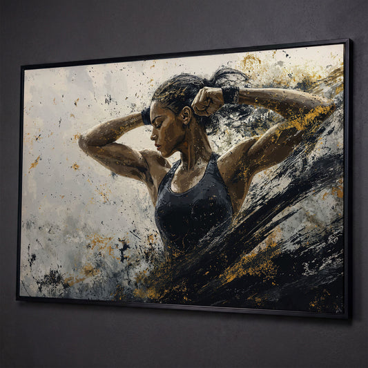 Female Athlete in Motion Canvas Wall Art shown in black floating frame