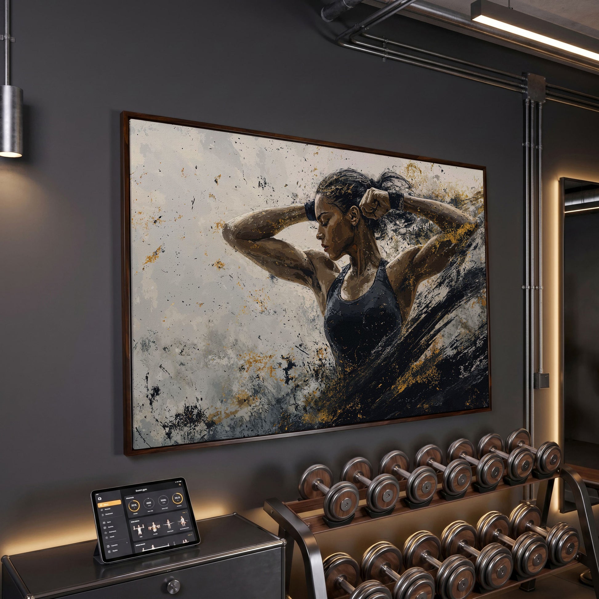 Female Athlete in Motion Canvas Wall Art in dark walnut floating frame