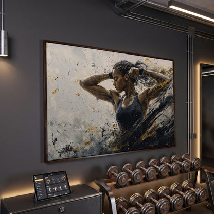 Female Athlete in Motion Canvas Wall Art in dark walnut floating frame