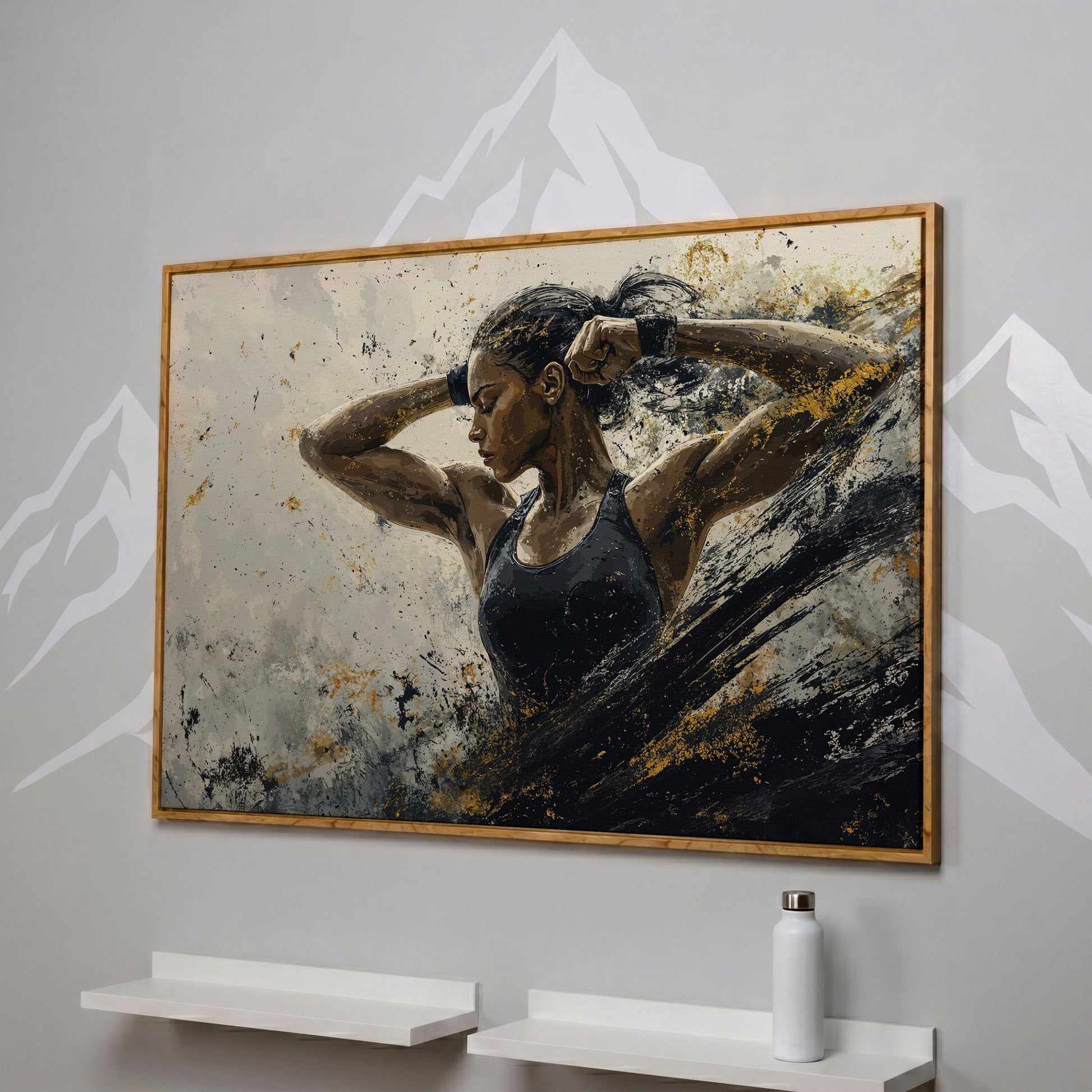 Female Athlete in Motion Canvas Wall Art in white oak floating frame