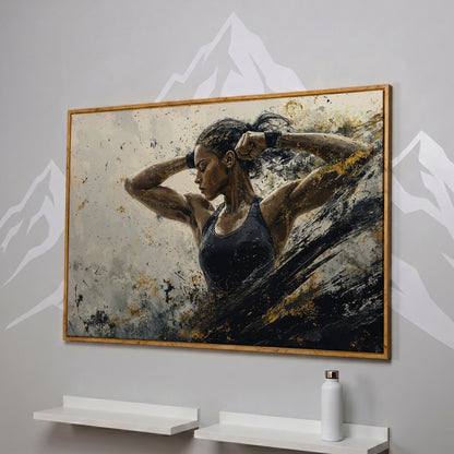 Female Athlete in Motion Canvas Wall Art in white oak floating frame