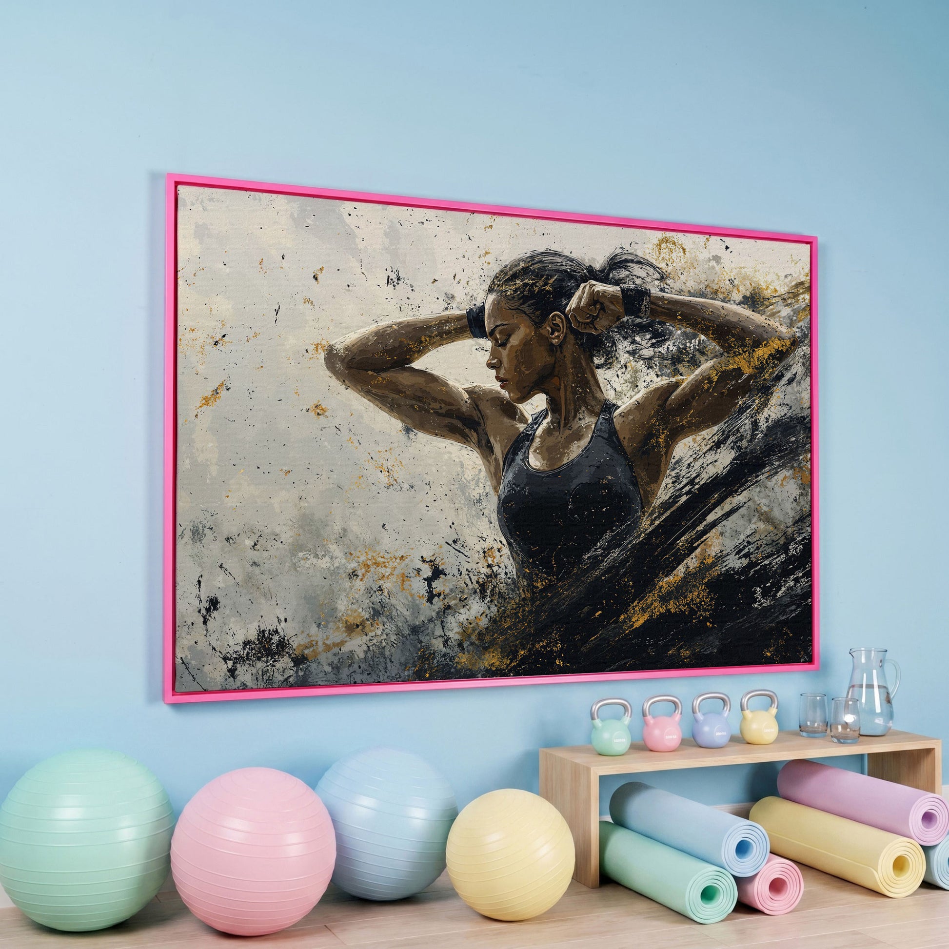 Female Athlete in Motion Canvas Wall Art in pink floating frame
