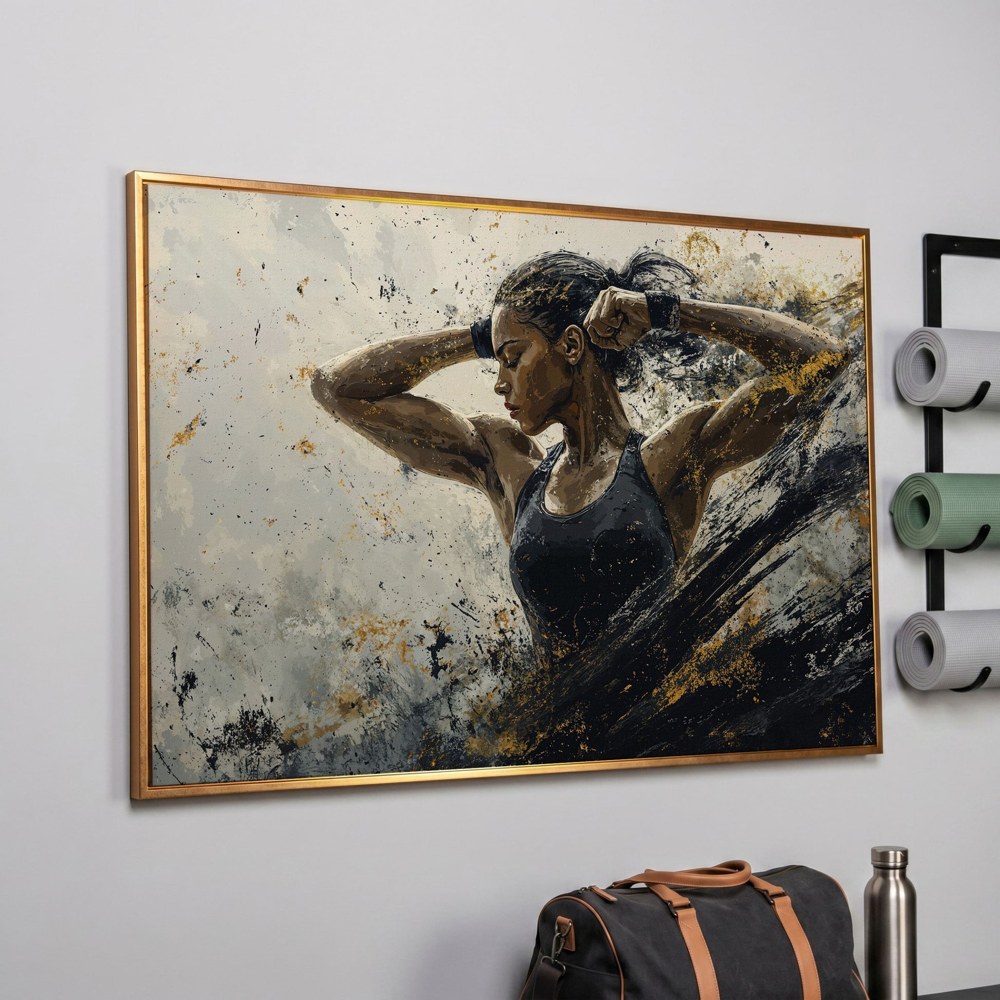 Female Athlete in Motion Canvas Wall Art in rose gold floating frame
