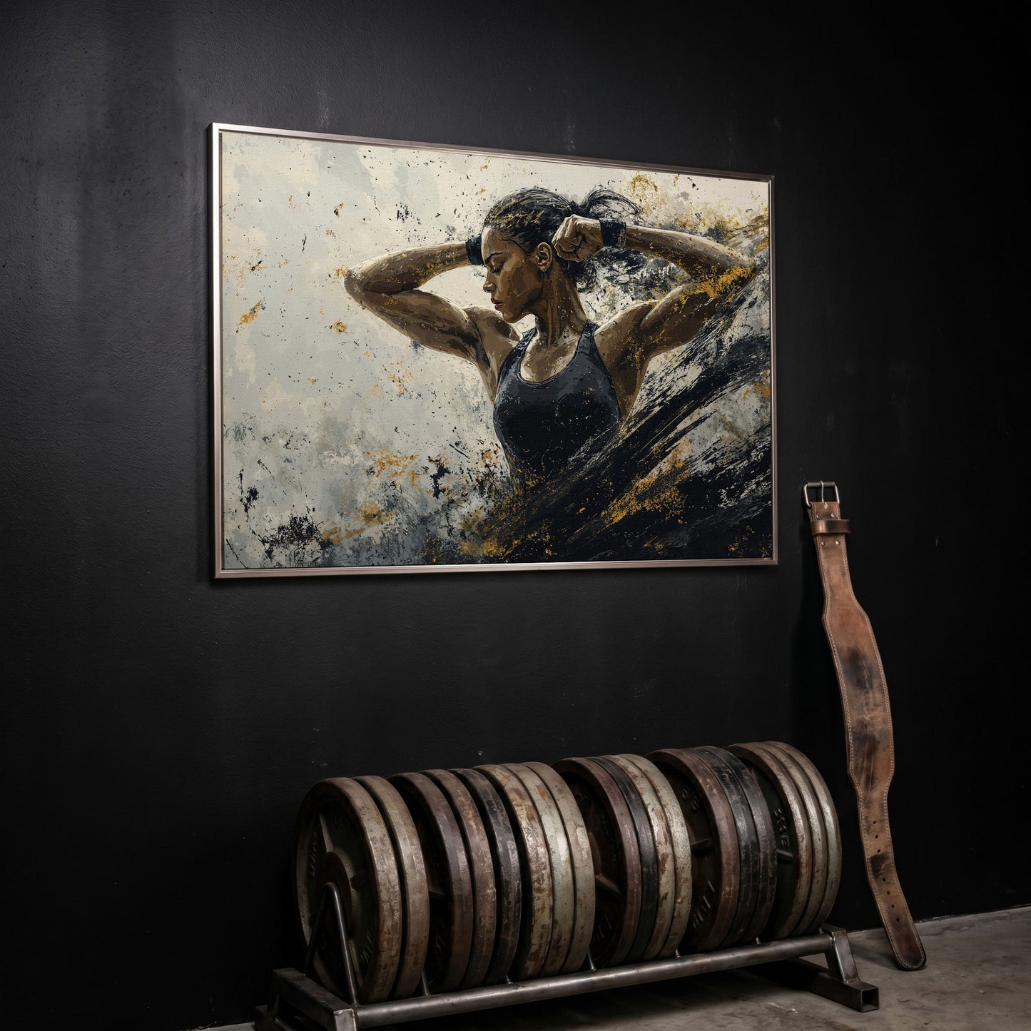 Female Athlete in Motion Canvas Wall Art in silver floating frame