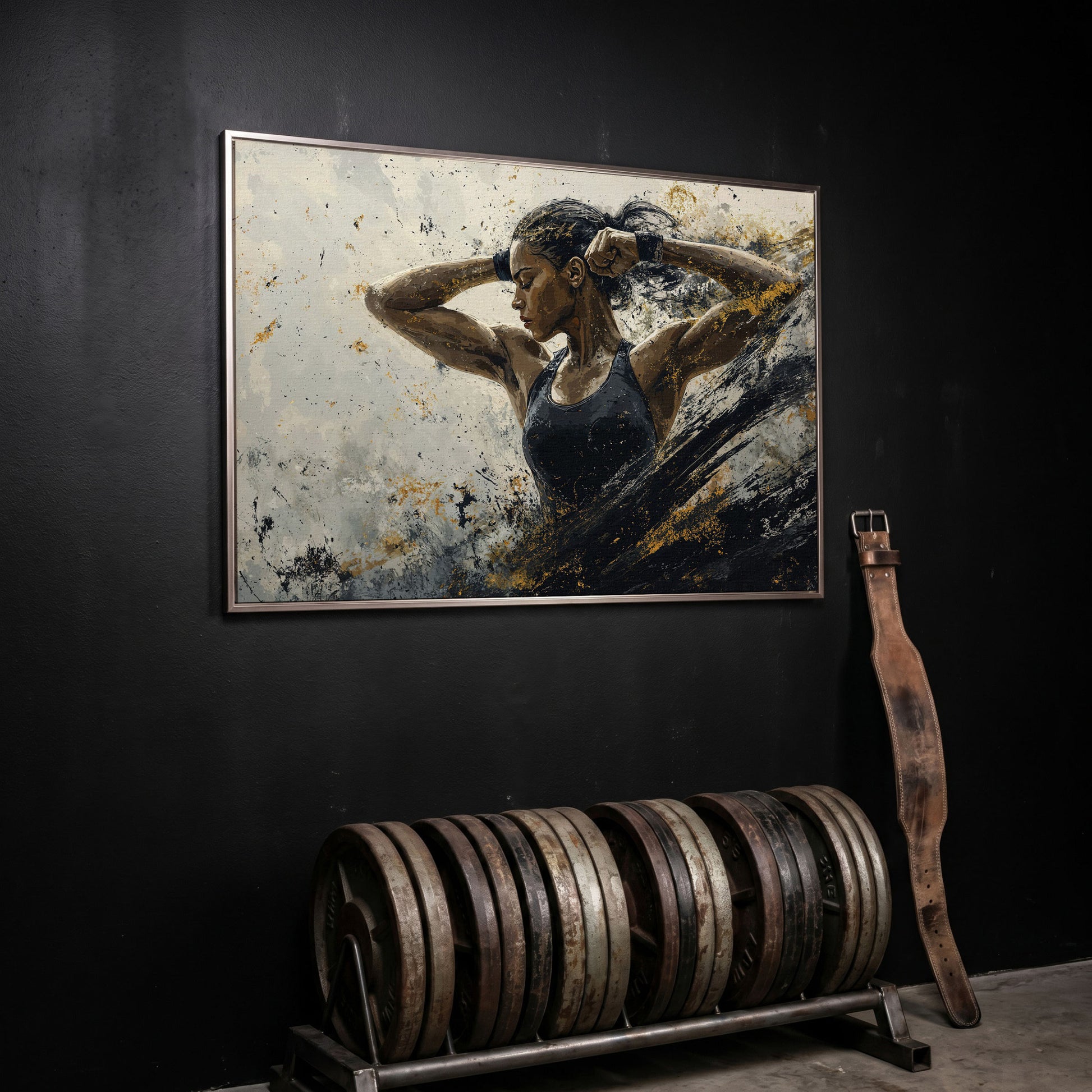 Female Athlete in Motion Canvas Wall Art in silver floating frame