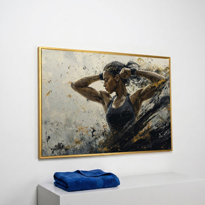 Female Athlete in Motion Canvas Wall Art in yellow gold floating frame