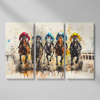 Vivid Jockeys Horse Racing Canvas as 3-panel split version