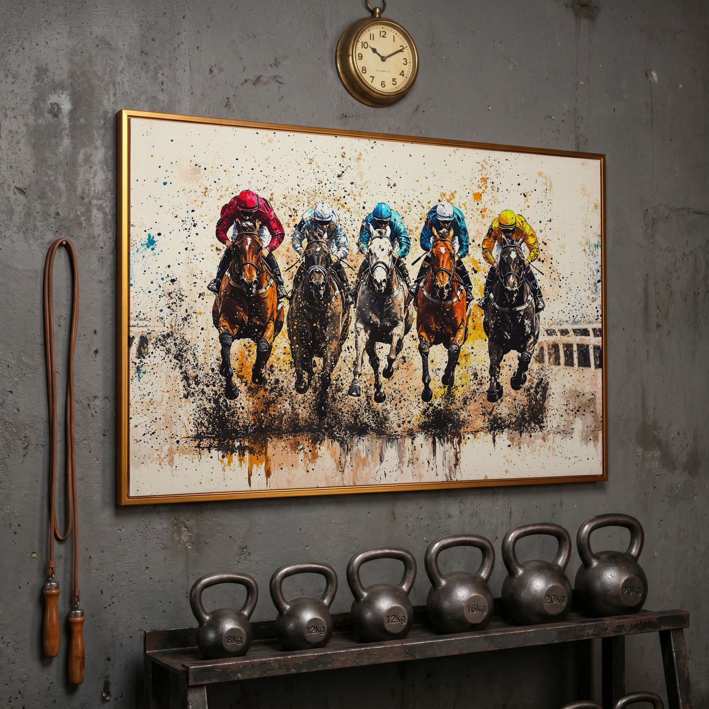 Vivid Jockeys Horse Racing Canvas in antique gold floating frame